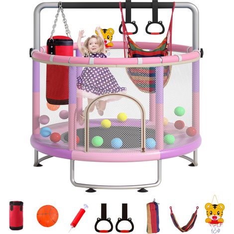 Magicfox – Trampoline pour enfants Ø150cm – Charge 150kg – Structure en U sécurisée – Tapis de saut imperméable – Filet de sécurité indéchirable – Rose
