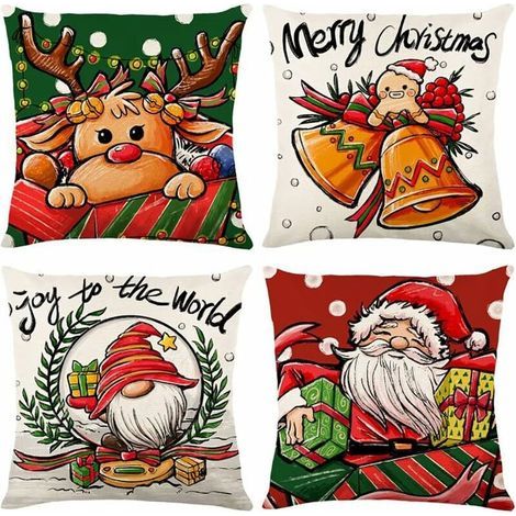Christmas Cushion Cover 45x45cm, Set of 4 Decorative Christmas Cushions in Cotton and Linen for Sofa, Bed, Bedroom, Chair, Garden - Merry Christmas Decoration (1/5)