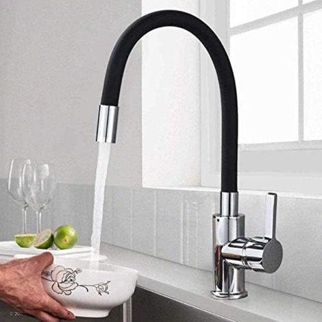 Robinet de Cuisine Flexible Bec Haut Orientable Librement Mitigeur Évier Flexible Laiton Chromé et Noir Robinet Evier Monotrou à Eau Chaude (1/4)