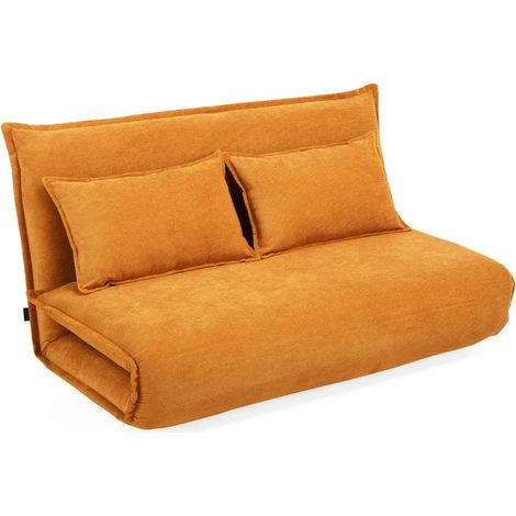 Chauffeuse 2 places convertible en velours côtelé jaune – Couchage 140 x 210 cm – Confort assise souple à ferme – 2 coussins inclus – Meubletmoi - 3-en-1 (1/5)
