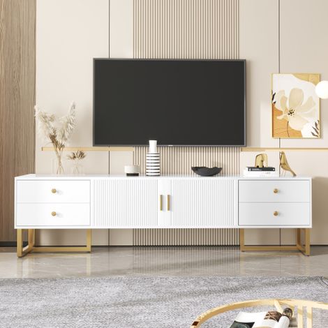 Meuble TV de 175 cm avec 2 portes structurées et 4 tiroirs, meuble TV moderne avec poignées dorées et pieds dorés, meuble TV pour salon, blanc (1/5)