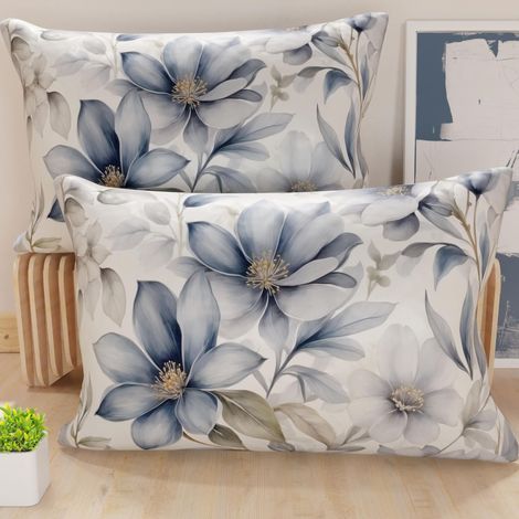 Lot de 2 Taies d'Oreillers 50x70 cm 100% Microfibre Hypoallergénique, Housse Oreiller Rectangulaire Motif Floral Bleu Blanc, Paquet de 2