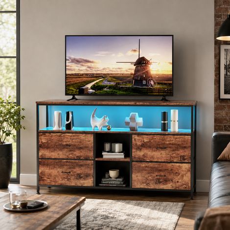 Meuble TV avec Éclairage LED, Meuble de Télévision avec 4 Tiroirs Marron, Bois Foncé et Métal Noir, 108x30x78 cm (1/5)