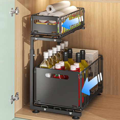 Étagère de Rangement Sous Évier en Métal 2 Niveaux, Tiroir Coulissant Organisateur Placard Cuisine Salle de Bain, Rangement Gain de Place Plan de Travail