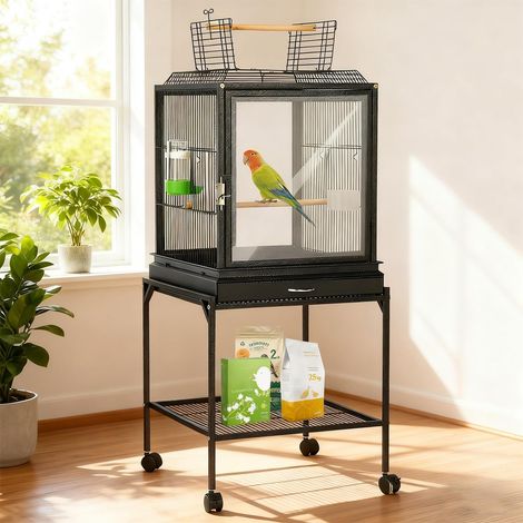 Cage à oiseaux avec support et portes en acrylique, maison pour perroquets et perruches, design spacieux et interactif avec tiroir amovible (1/5)