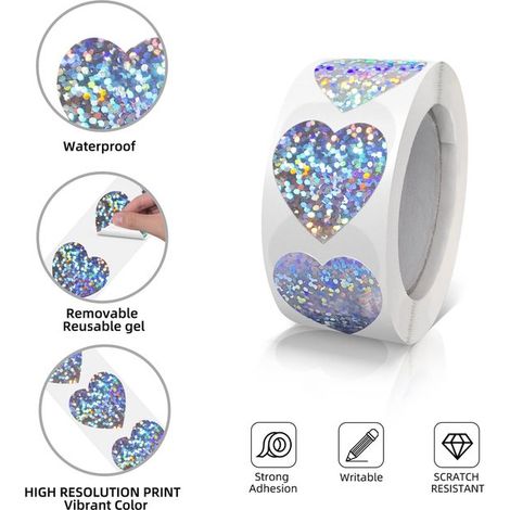 500 pezzi，Cuori glitter argento，Adesivi per bambini，Cuore glitter argento，Argento，Sigilli a forma di cuore，Cuore rosa antico (1/4)
