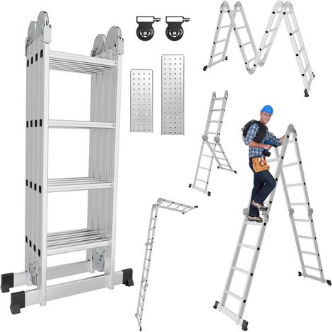 Swanew – Échelle articulée pliante 4x4 marches – Capacité 150 kg – Hauteur 470/582 cm – Verrou de sécurité multi-positions – Plaques de plateforme incluses