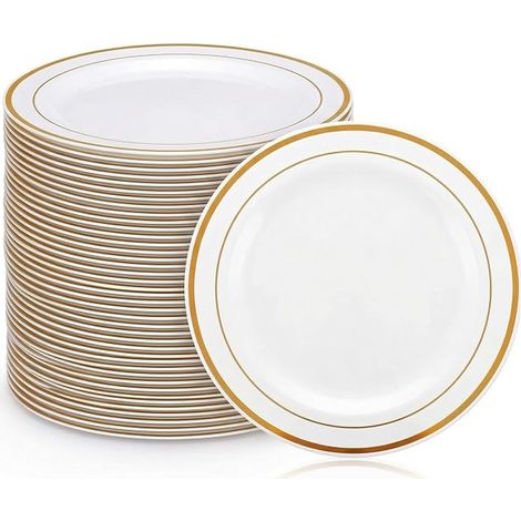 Assiette Plastique Reutilisable 20cm en Blanche Dorées Rigide pour Mariages, Fêtes, Anniversaires, Noël et Baptêmes