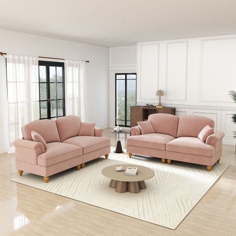 Elegantes Mid-Century L-förmiges 2-Sitzer Sofa aus Chenille mit Trichter-Armlehnen, abnehmbarer Rüschenschürze, spindelförmigen Beinen & beweglichem Hocker,rosa
WL