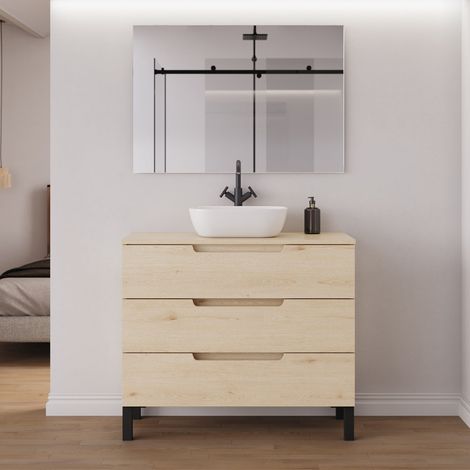 Meuble de salle de bain 90cm avec plateau et vasque à poser arrondie - 3 tiroirs - roble calima (bois clair) - RIZA (1/5)