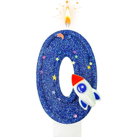 Bougie d'anniversaire chiffre 1 bleu pailleté avec fusée, décoration d'étoiles, thème de l'espace, pour anniversaire d'enfant (1/5)