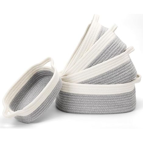 Panier Rangement, Lot de 5 Panier Tissé Corde de Coton, Panier Rangement pour Salle de Bain, Cuisine, Organisateur Table a Langer Bebe, Panier de Rangement Empilable Polyvalent (Blanc/Gris) (1/5)