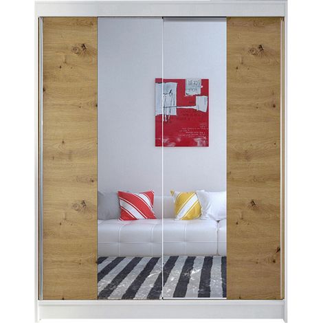 Armario Closico 141, Blanco + Roble Artisan, 200x150x58cm, Puertas de armario: Correderas, Número de estantes: 5