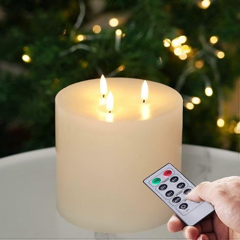 Bougies sans flamme extra larges de 15 x 15 cm avec 3 mèches, bougies à piles avec télécommande et minuterie, bougies piliers LED de 15 cm de diamètre, véritables (1/5)