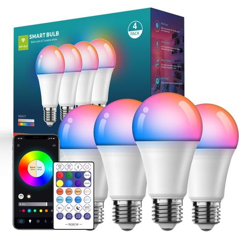 Ampoules LED intelligentes WiFi Bluetooth à intensité et couleur réglables, avec minuterie et télécommande, 10 W (lot de 4)