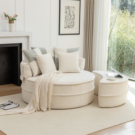 Canapé Rond avec 5 Coussins et Repose-pieds - 163x121x66cm - Fauteuil Lounge sans Structure en Chenille Douce - Beige (1/5)