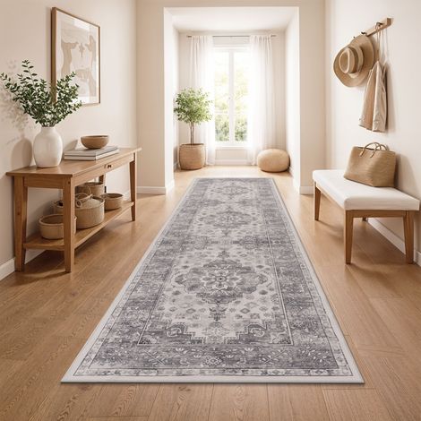 Paco Home Vintage Boho moderner Wohnzimmerteppich Kurzflor waschbar rutschfest Grau Bunt 80x150 cm (1/5)