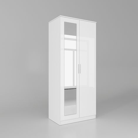 ELEGANT Wardrobe 2 Doors High Gloss Bedroom Storage Furniture with Shelf and Hanging Rail White with Mirror