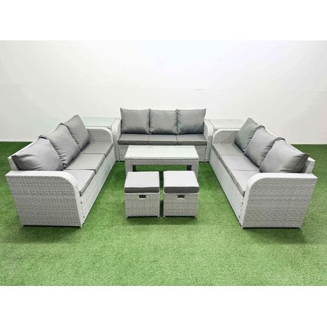 Fimous PE Rattan Lounge Sofa Set 11 Seater Outdoor Garden Furniture Set with Oblong Coffee Table 3 Seater Sofa 2 Stools 2 Side Table Light Grey (1/4)