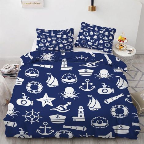 Bettwäsche-Set 3-teilig 155x220cm mit 2 Kissenbezügen 80x80cm Mikrofaser Anker Motiv