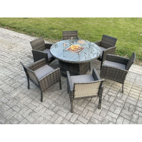 Fimous Outdoor Rattan Garden Furniture Set Gas Fire Pit Round Table Sets Gas Heater with 6 Seater Dining Cahirs Dark Grey Mixed