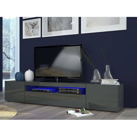 Dmora - Mobile porta TV Dafrim, Credenza bassa da soggiorno a 3 ante, Base porta televisione, 100% Made in Italy, cm 200x40h37, Antracite lucido, con luce LED (1/4)