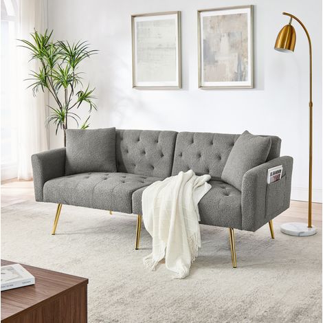 Canapé 2 places gris en tissu Teddy avec dossier réglable et 2 coussins (1/5)
