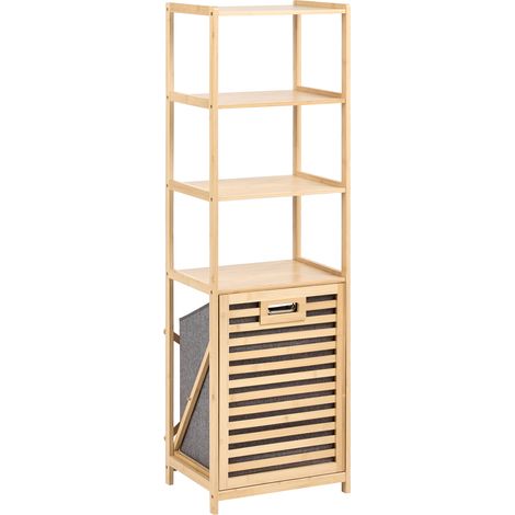 Cesta de la ropa escandinava funda de tela gris extraíble y lavable con 4 estantes adicionales de bambú marrón claro Sajama (1/5)