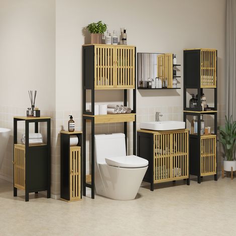 Armoire salle bain étagère placard ouverts en MDF bambou couleur bois - Dimensions: 32x30x90,5 cm - Couleur: Noir