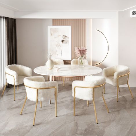 chaises salle manger lot de 6 métal effet fourrure blanc HAVRYA (1/5)