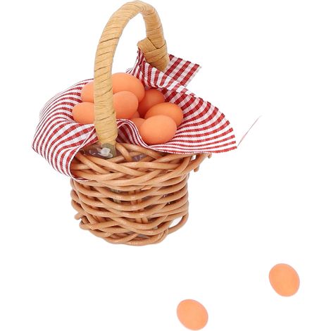 Panier à œufs miniature tissé à motif écossais rouge, très réaliste, avec anses. Décoration pour maison de poupée. (1/5)