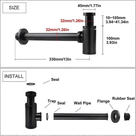 Zwarte sifon 1 1/4" x 32 mm - Universele verstelbare geurafsluiter van chroom - Geurafsluiter voor wastafel (1/4)