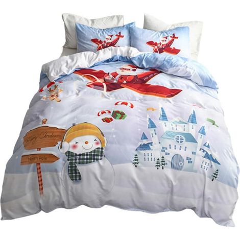 Ensemble de Literie de Noël 3 Pièces Full 200X230 CM en Polyester Épais Housse de Couette et Taies D’Oreiller Motifs Père Noël et Bonhomme de Neige Décoration Chaleureuse pour (1/5)