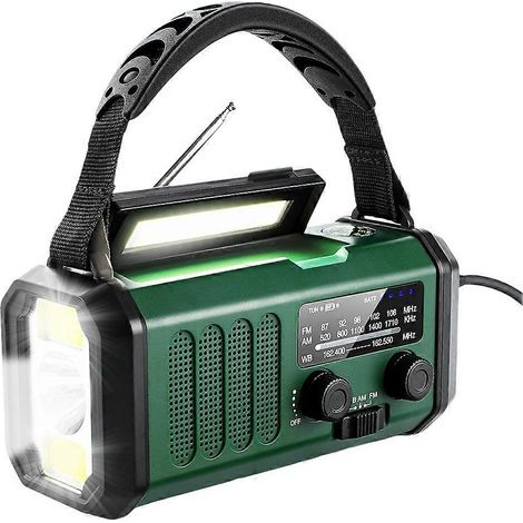 Radio météo d'urgence améliorée 20 000 mAh FM/AM/WB, radio à manivelle, lampe torche, alimentation solaire pour le camping en plein air (vert) (1/5)