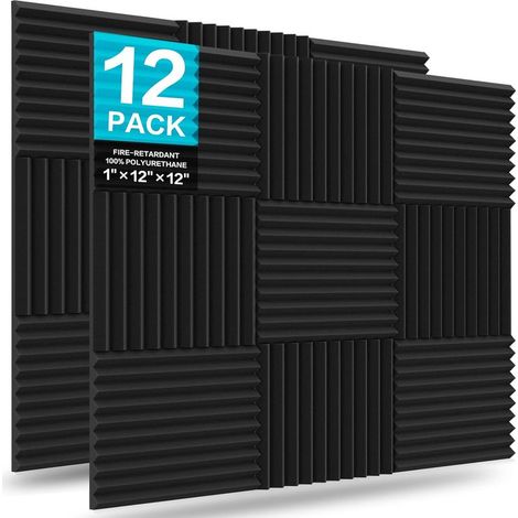 Lot de 12 panneaux acoustiques en mousse 2,5 x 30 x 30 cm Pour studio, insonorisation, ignifuge, rembourrage acoustique (noir) (1/5)