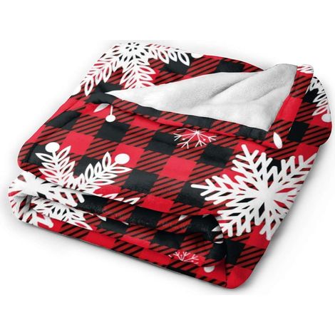 Couverture de Noël, décorations de Noël, plaid à carreaux noirs et rouges, motif flocons de neige, ultra douce en micropolaire (1/5)
