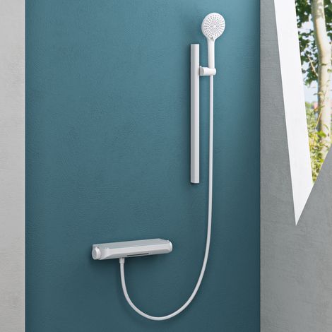 Mai & Mai Duschsystem mit Thermostat, Duscharmatur Komplettset mit Sicherheitsverriegelung, 3 Strahlarten höhenverstellbar Duschbrause mit Unterauslauf aus Messing Matt weiß Duschsystem9
