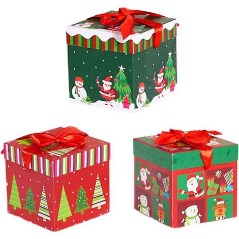 Lot de 3 boîtes cadeaux de Noël carrées en papier, boîtes à bonbons, décorations de Noël à motifs de dessins animés pour la maison et les magasins (petite taille)-3pcs