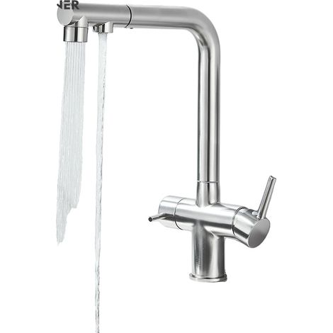 Grifo de cocina, caño extraíble, doble manija, níquel cepillado (1/2)
