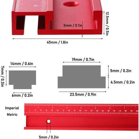 Rail de guidage gradué rouge type 45 (métrique/impérial) 300-800 mm, en alliage d'aluminium, avec poignée de poussée, outil de travail du bois, 300 mm (1/5)