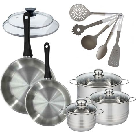 Set 2 poêles 24 28 cm avec couvercle, 3 faitouts 16, 20 et 24 cm en inox et 5 ustensiles Fackelmann Geneva (1/5)
