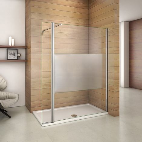Paroi de douche 140x200cm en 8mm verre sablé avec retour pivotant de 40x200cm et une barre de fixation extensible
