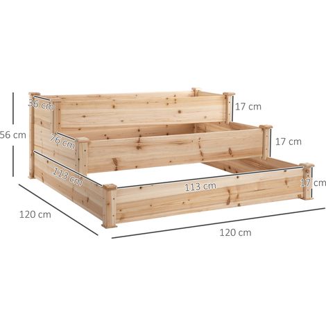 Potager surélevé à 3 niveaux, jardinière à herbes aromatiques, support à fleurs pour balcon et jardin, en bois de sapin naturel, 124 x 124 x 56 cm