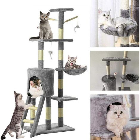 146cm Cat Tower with Sisal Scratching Posts, Multi Level Cat House, Large Cat Climbing Frame with House, Ladder and Hammock for Indoor Cats and Kittens – Grey (1/5)