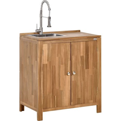 Mobile da giardino in legno d'acacia 2 ripiani 50 x 80 x 90 cm Piano in legno massiccio Lavello in acciaio inox Marrone e Argento Venosa