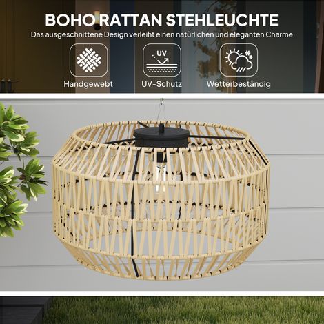 Lampadaire solaire rotin bohème, détecteur crépusculaire, éclairage extérieur automatique, IP44, noir et jaune (1/4)