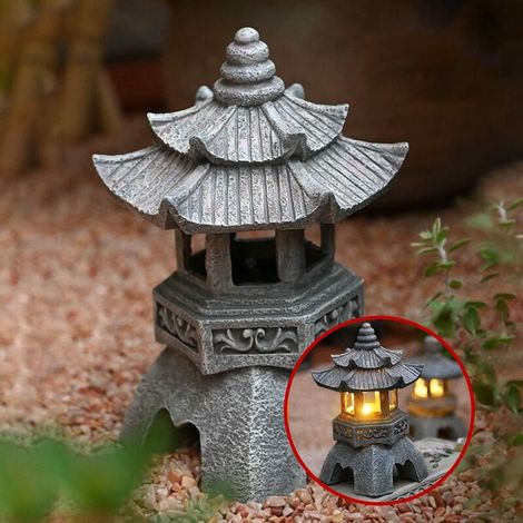 Statue lanterne pagode à énergie solaire, 26x14x14 cm, lumière LED aux tons chauds, panneau solaire intégré, décoration d'inspiration zen, convient aux jardins et terrasses. (1/5)