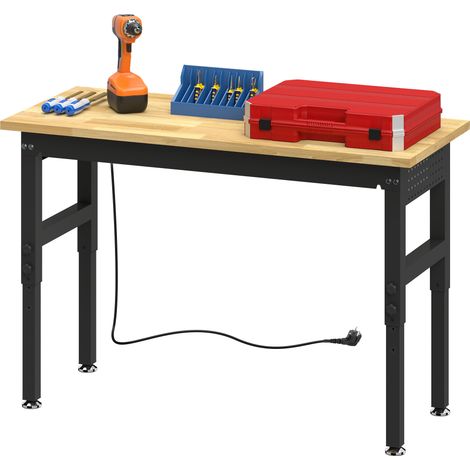 Établi réglable en hauteur en bois et acier, 2 prises secteur, capacité de charge de 900 kg, coloris bois et noir