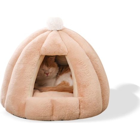 Cuccia per animali domestici con cuscino interno rimovibile e lavabile, morbido e confortevole igloo in peluche per gatti (S, cachi)