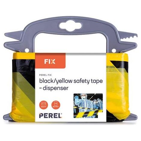 Perel Ruban de barrière sur support 100 m, idéal pour les clôtures temporaires et les événements, noir/jaune (1/5)